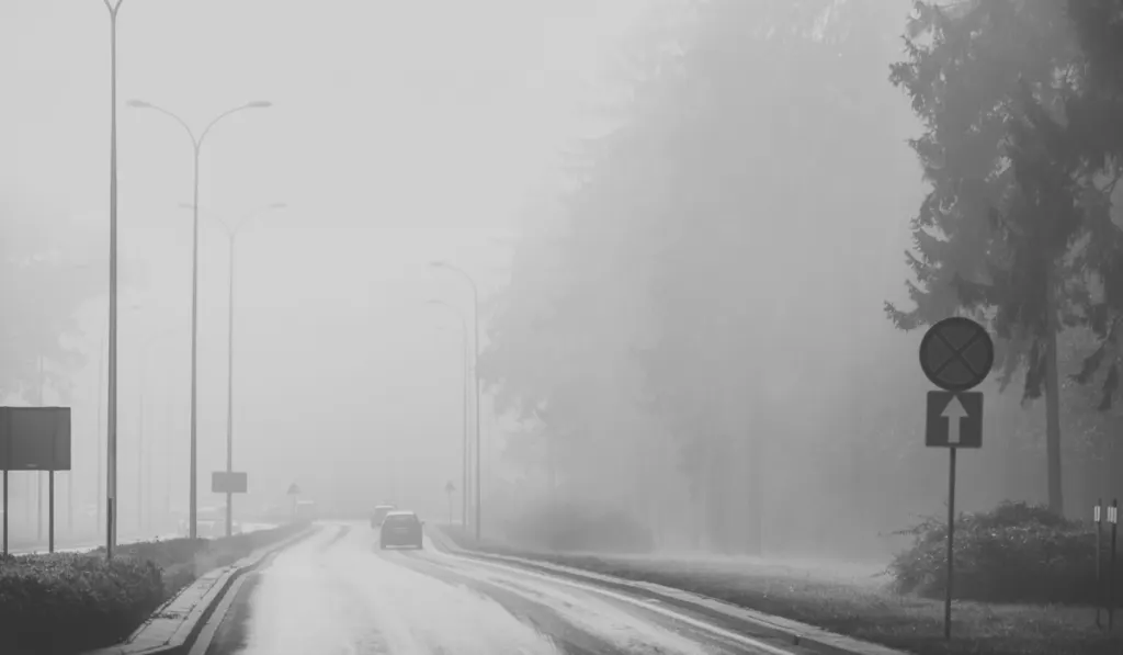 Cars in the fog. Bad weather and dangerous automobile traffic on the road. black and white.