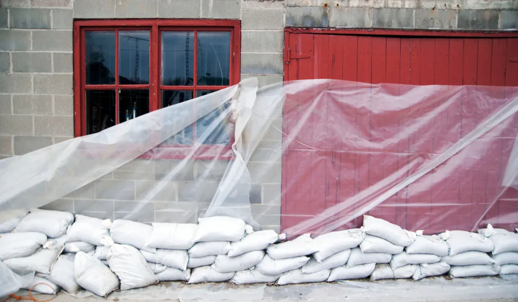 Sandbags and glass sheet on building wall