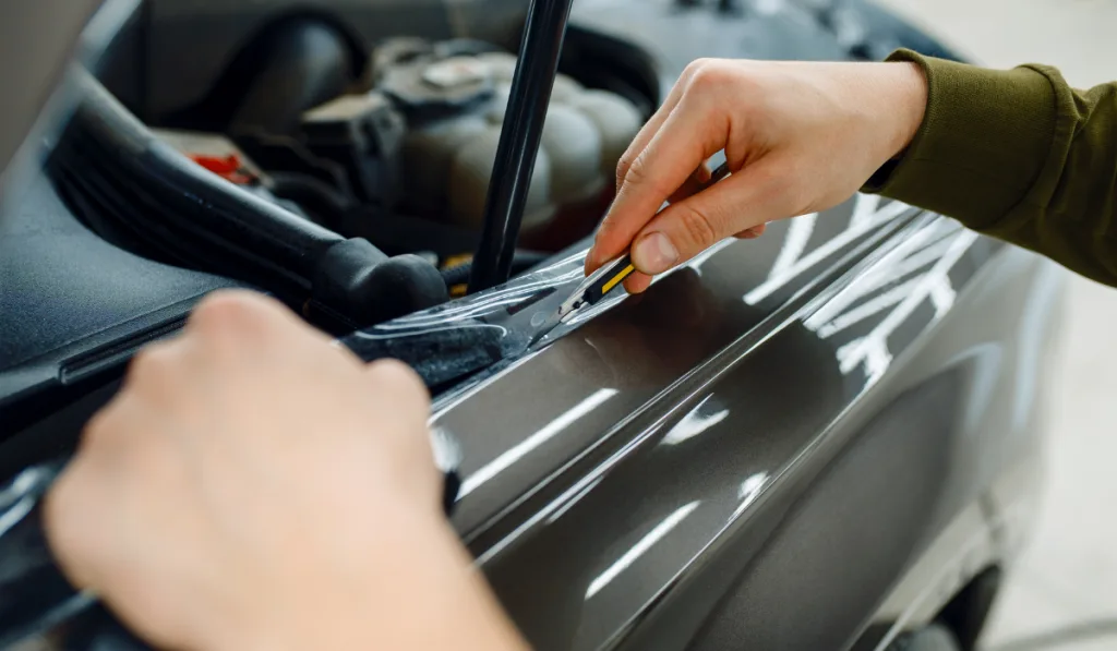 Worker-installs-protection-film-on-car-hood