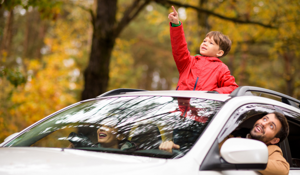 Adorable smiling boy standing in open car sunroof during family trip in autumn forest