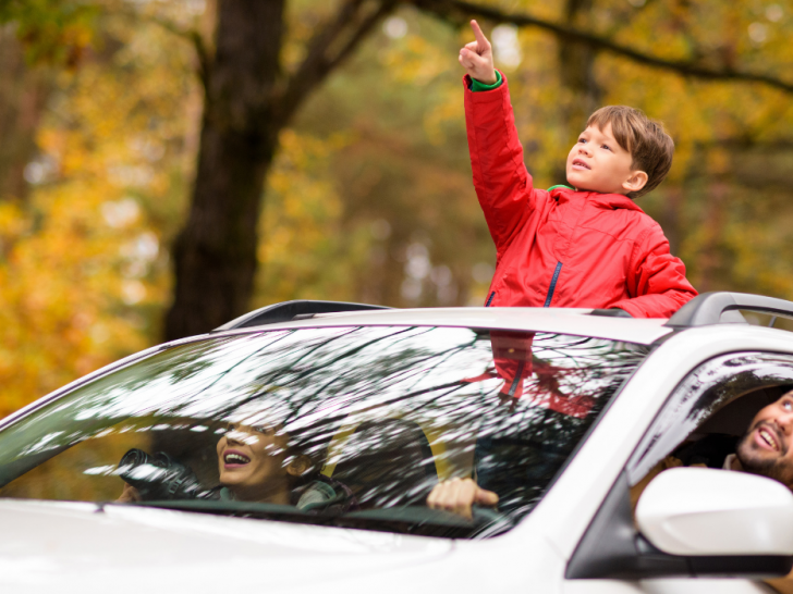 boy-standing-in-open-car-sunroof-during-family-trip-in-autumn-forest