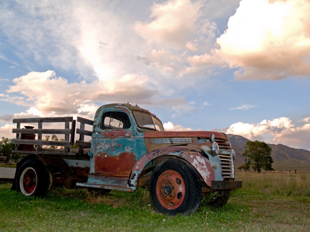 old farm truck sunset 