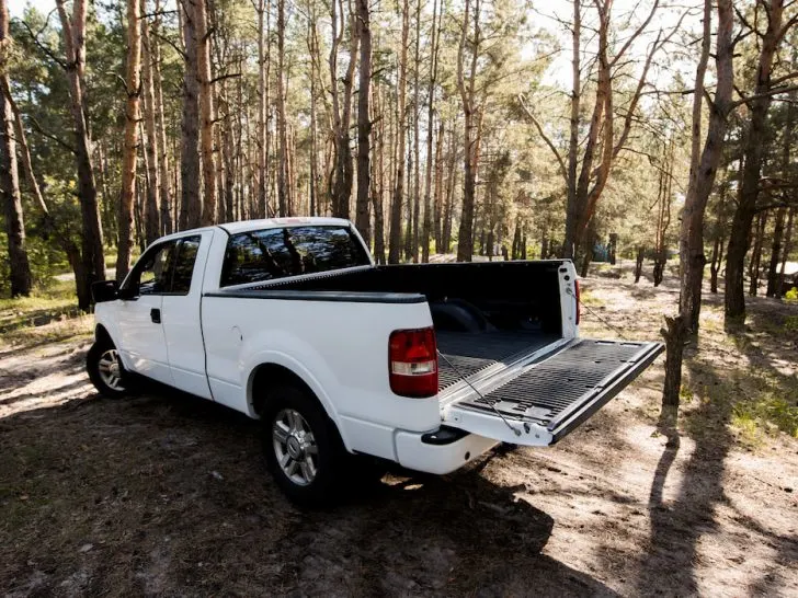white-pickup-truck-with-opened-bed-in-the-forest